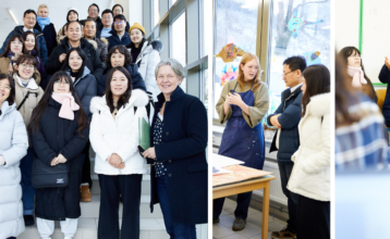 Collage aus drei Bildern. Links ein Gruppenfoto der Delegation aus Südkorea gemeinsam mit Schulleiterin Wiebke Schuleit und Beate Gröblinghoff, die im HIBB für Internationales zuständig ist. Die anderen Bilder zeigen Unterrichtssituationen mit den Gästen.