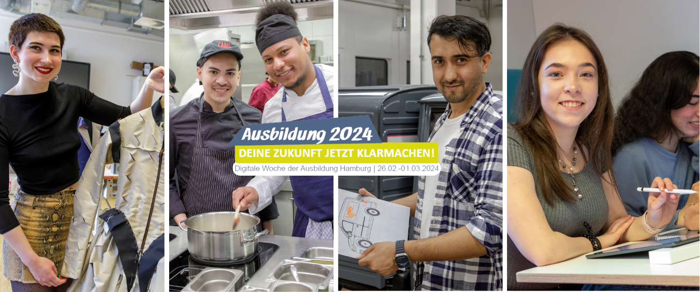 Vier Bilder von jungen Menschen in der Ausbildung. Davor ist ein Schriftzug "Ausbildung 2024, Deine Zukunft jetzt klarmachen! Digitale Woche der Ausbildung Hamburg - 26.02.-1.3.2024"