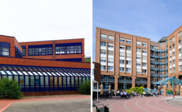 Zwei Bilder: Links das Gebäude der BS07 in Bergedorf. Ein roter Backsteinbau mit flachem Dach und blauen Fensterrahmen. Vorne eine große Fensterfront. Rechts ist das BG Klinikum, ebenfalls ein Klinkerbau mit einem großen Vorplatz auf dem Bänke und Büsche sind.