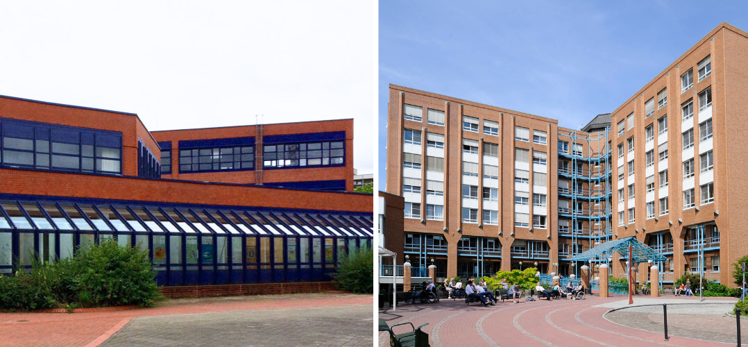 Zwei Bilder: Links das Gebäude der BS07 in Bergedorf. Ein roter Backsteinbau mit flachem Dach und blauen Fensterrahmen. Vorne eine große Fensterfront. Rechts ist das BG Klinikum, ebenfalls ein Klinkerbau mit einem großen Vorplatz auf dem Bänke und Büsche sind.