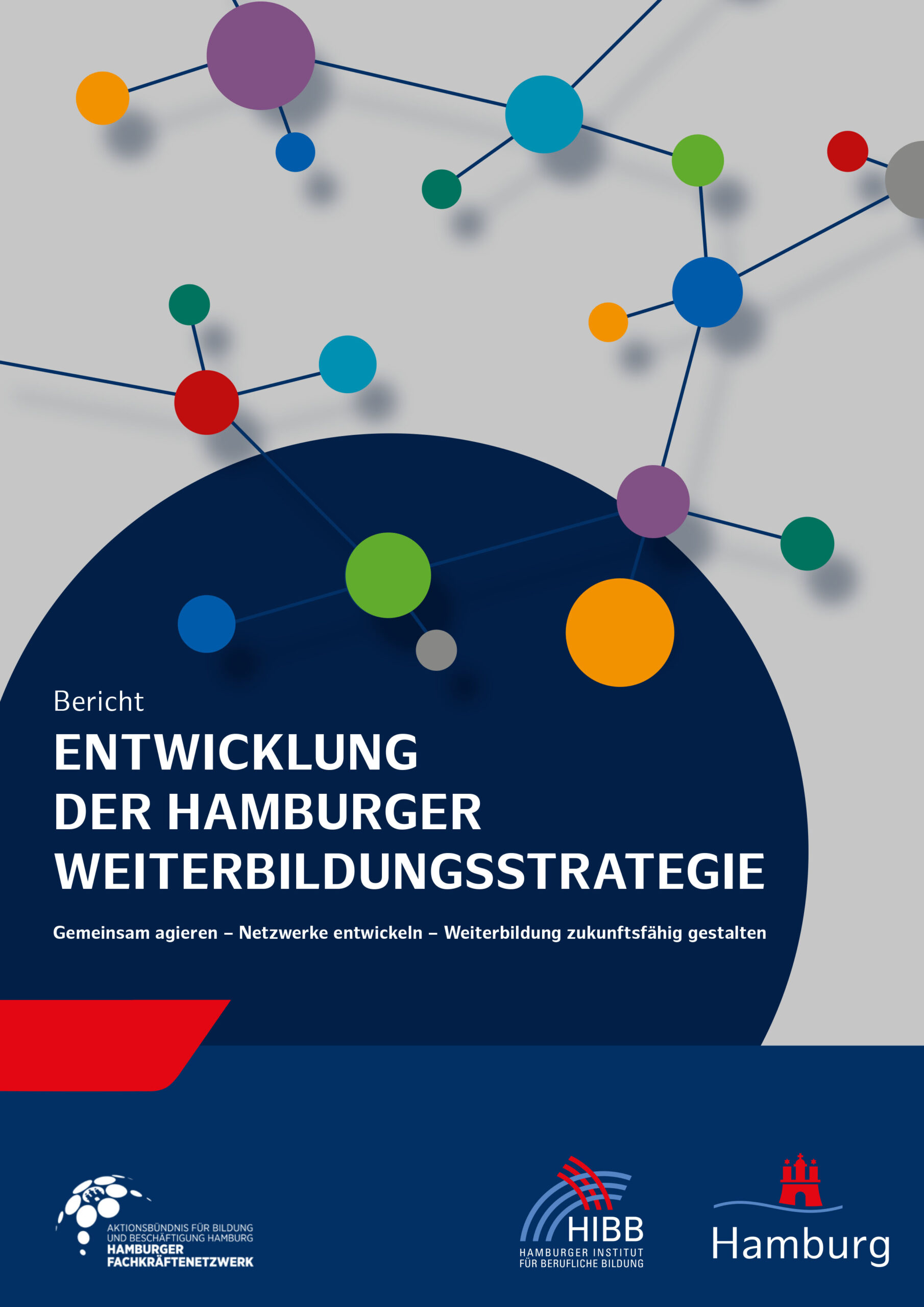 Das Bild zeigt in der oberen Hälfte verschieden große bunte Punkte, die durch Striche verbunden sind. Darunter steht in einem blauen Halbkreis in weißer Schrift "Bericht Entwicklung der Hamburger Weiterbildungsstrategie; gemeinsam agieren - Netzwerke entwickeln - Weiterbildung zukunftsfähig gestalten. Und sind noch 3 Logos abgebildet.