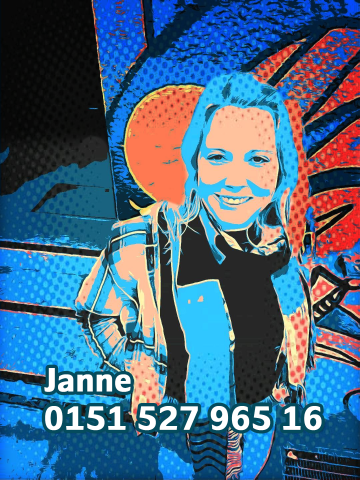 Das Foto zeigt die Mitarbeiterin Janne in bunten etwas verfremdenen Farben und Ihre Telefonnummer 015152796516
