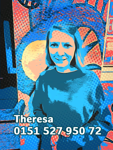 Das Foto zeigt die Mitarbeiterin Theresa in bunten etwas verfremdenen Farben und Ihre Telefonnummer 015152795072